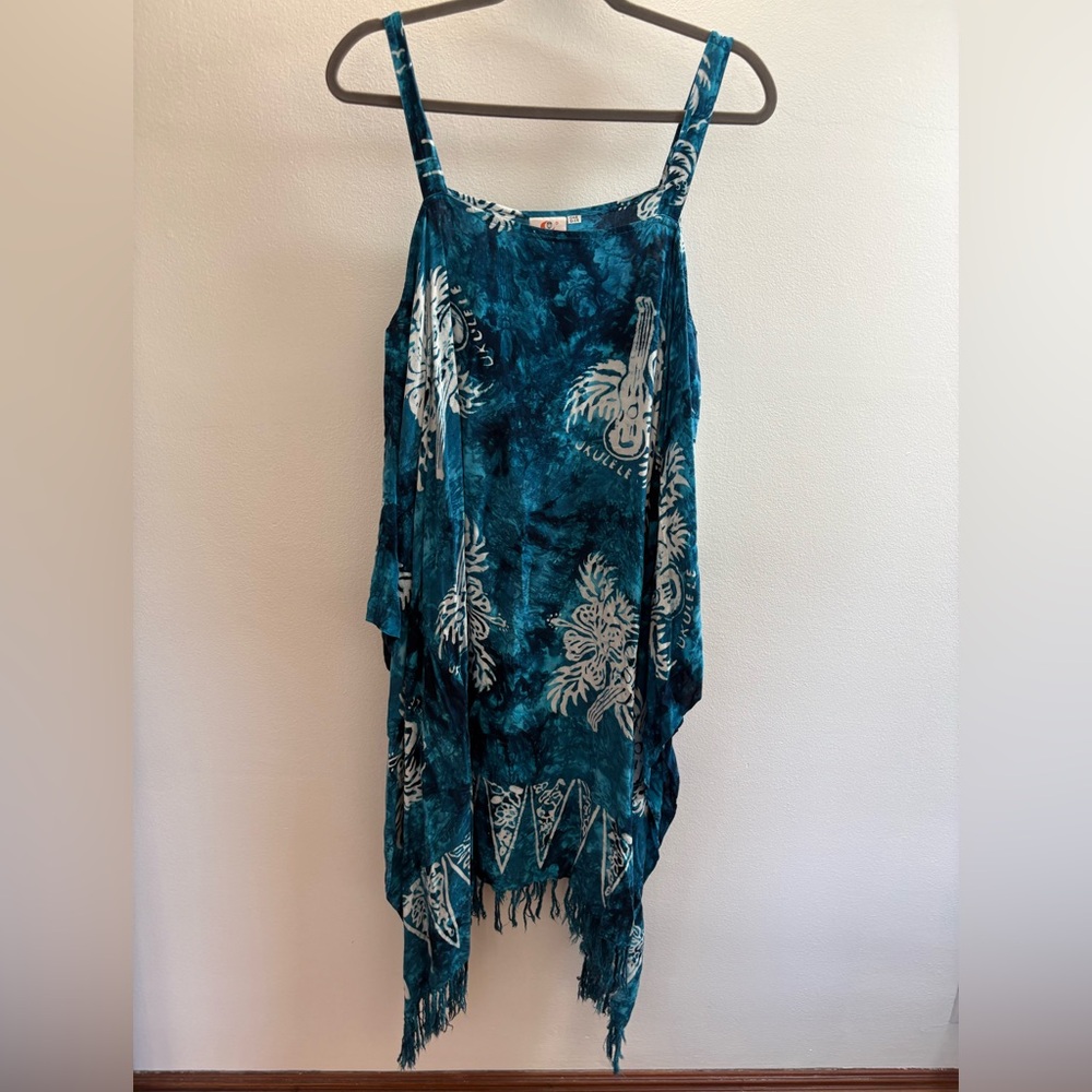 Pineapple Moon Blue Batik Ukulele Fringe Hawaiian Sleeveless Dress OS